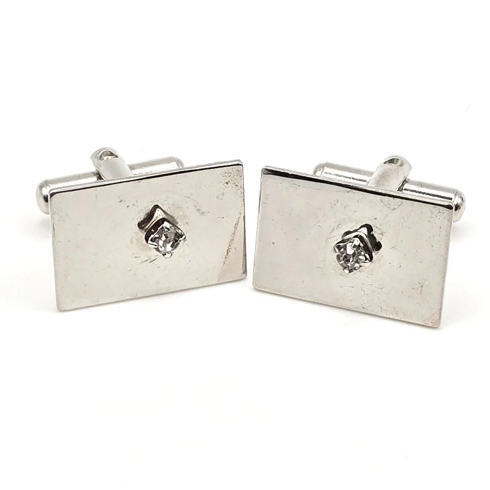 Vintage Silver Tone Round & Rhinestone Rectangle Foster Cufflinks Set of 2 Pairs